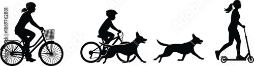 Active outdoor lifestyle silhouette set with woman on bicycle boy on bike running dogs and girl on scooter for park