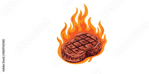 Juicy grilled steak on fire with vibrant flames rising