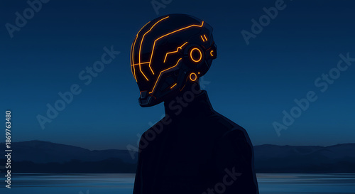 Cybernetic Head Silhouette against Dark Blue Landscape