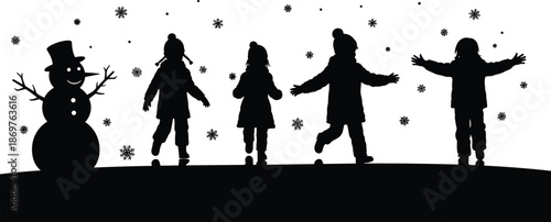 Black silhouette of happy children playing in the snow with a snowman, winter holiday scene, seasonal outdoor fun, and snowflakes.