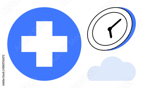 Healthcare, time management, medical scheduling, emergencies, telemedicine, cloud storage. Blue cross with clock and cloud icons. Healthcare and time management concept