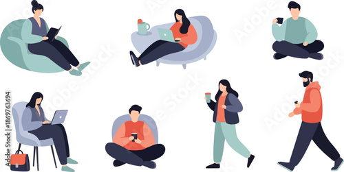 Flat illustration of diverse people engaging in various activities like working on laptops or relaxing with phones on bean bags and chairs in a modern setting with pastel colors.