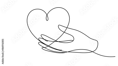 A continuous line drawing of a hand gently holding a heart, symbolizing care and love