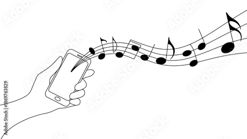 Hand holding smartphone with musical notes flowing, symbolizing mobile music and streaming