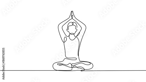 Continuous line drawing of a person meditating in lotus pose with hands joined above