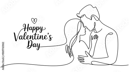 A continuous line art illustration of a loving couple embracing for valentine's day