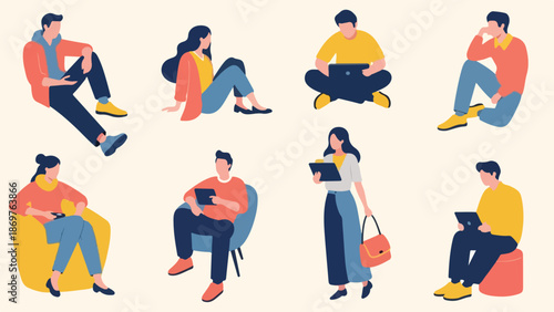 Illustration of diverse people sitting in various poses with laptops and devices on a solid beige background with a modern and casual mood.