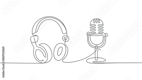 Continuous line art of a retro microphone and modern headphones for audio broadcasting