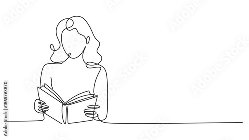 Continuous line art drawing of a woman engaged in reading a book, learning, or studying