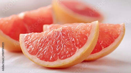 Fresh pink grapefruit slices arranged on a soft white surface, showcasing the juicy texture and vibrant color, perfect for healthy eating concepts and culinary presentations
