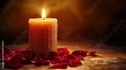 Warm candlelight flickers softly beside scattered rose petals, creating an intimate atmosphere perfect for romantic settings or special occasions with a cozy ambiance
