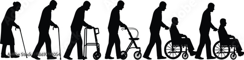 Black silhouette set of elderly people using walking sticks, walkers, and wheelchairs representing senior care, disability accessibility, and aging life stages.