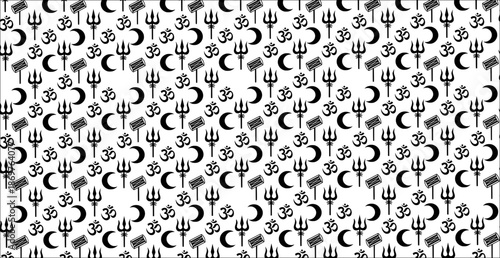 Lord Shiva (Mahadev) seamless vector pattern featuring repeated sacred Hindu symbols associated with Shiva. Minimalist monochrome black and white design inspired by Indian spirituality