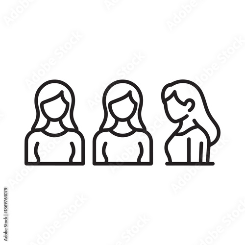 Three simple black and white line art illustrations of women s faces and shoulders