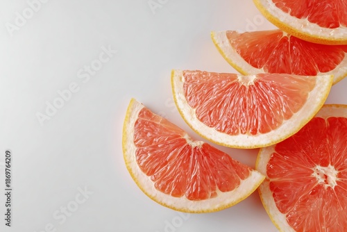 Fresh slices of pink grapefruit arranged artistically on a light background, showcasing vibrant colors and textures, perfect for health and wellness themes or culinary presentations