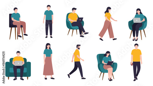 Flat illustration of diverse people in various poses and outfits on a white background with a modern aesthetic.