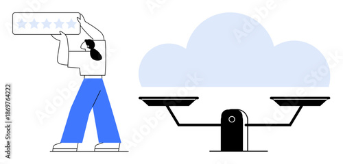 Cloud technology, data storage, customer feedback, user reviews, technology balance, weighing options. Woman holding a five-star rating beside a balance scale and cloud. Cloud technology and user