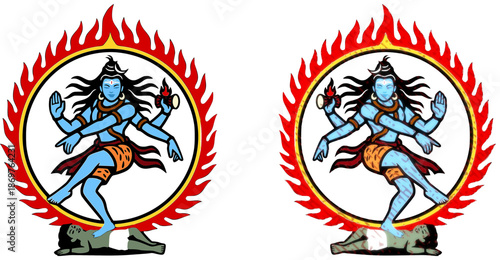 Lord Shiva Nataraja vector illustration depicting Mahadev performing the cosmic dance within a ring of fire. Rendered in clean line art and flat color style