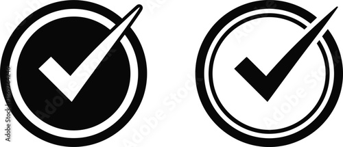 Black and white check mark icon set with circle borders for quality assurance success verification approved status and complete task