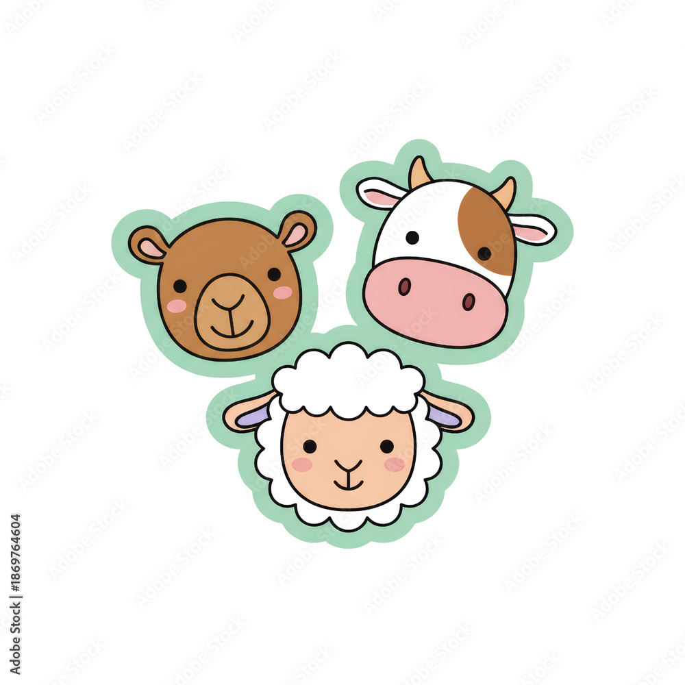 Fototapeta premium Cute Cartoon Farm Animal Faces: Cow, Sheep, Camel - Vector Illustration
