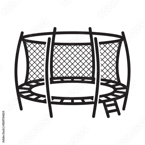 Simple black and white illustration of a round trampoline with safety enclosure
