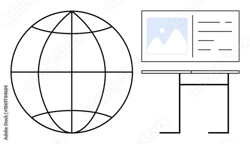 Global connectivity, digital information, technology integration, online media, communication, network illustration. ion of a globe beside a desktop computer. Global connectivity and digital