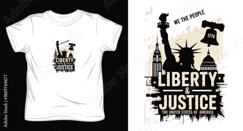 We the people liberty and justice t shirt design with liberty bell and city skyline for patriotic wear