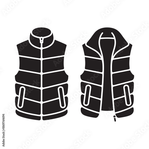 Black and white illustration of a puffer vest front and back view