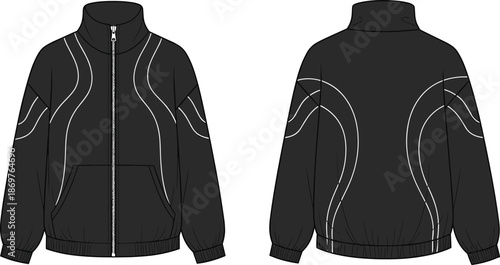 Black track jacket technical fashion flat sketch with white piping details, front and back view, for apparel design and manufacturing.