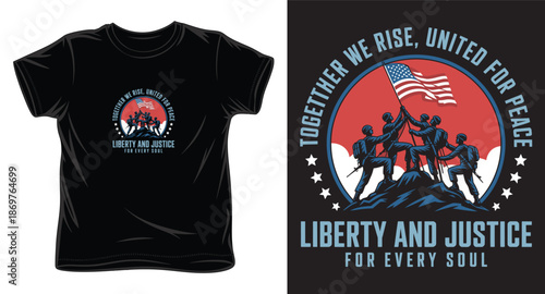 Patriotic soldiers raising american flag united for peace liberty and justice