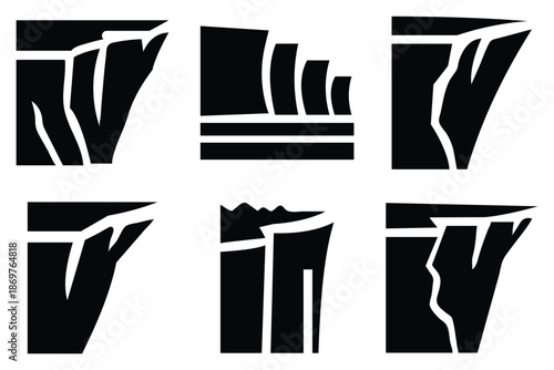 Cliff Edge and Canyon Silhouette Icon Set, Layered Rock Plateau, Overhang and Crater Landscape Vector Icons Collection