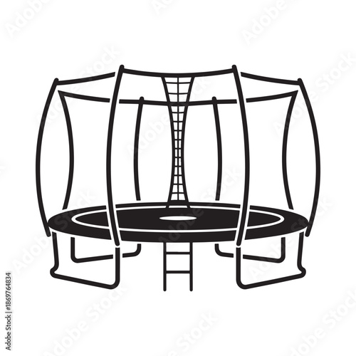 A black and white illustration of a round trampoline with safety enclosure