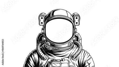 Black and white line art illustration of an astronaut helmet showing intricate details of the space suit face shield.