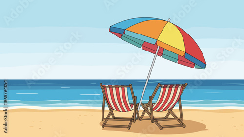 Colorful beach umbrella provides shade for two empty lounge chairs on a sunny tropical shore with calm blue water in the background.