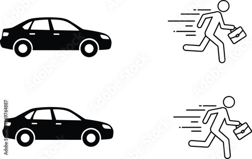 Businessman running with briefcase next to car icon set with black silhouette and linear outline for being late or rushing