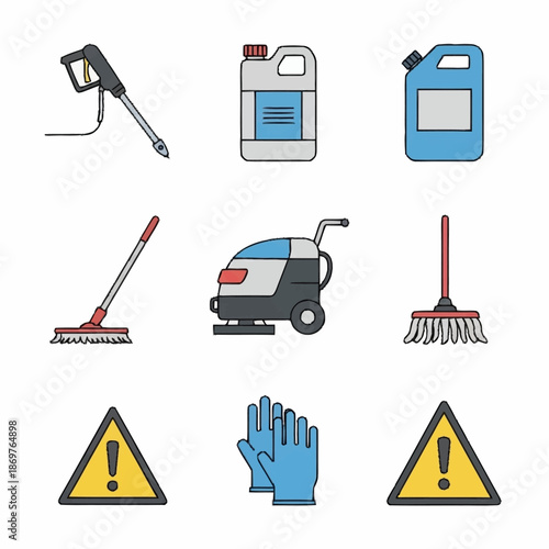 Cleaning Equipment and Safety Icons Collection.