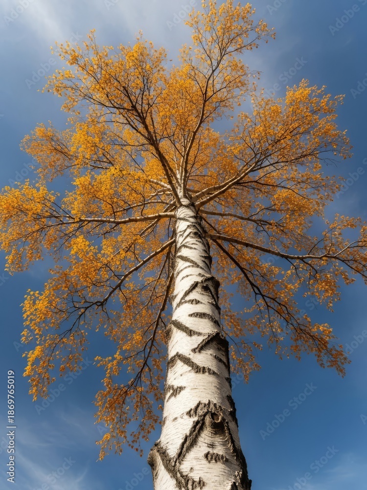 Fototapeta premium A low-angle view of a tall birch tree with a white, textured trunk and dark markings, rising dramatically toward the sky. Its branches spread wide overhead, filled with vibrant golden-yellow autumn.