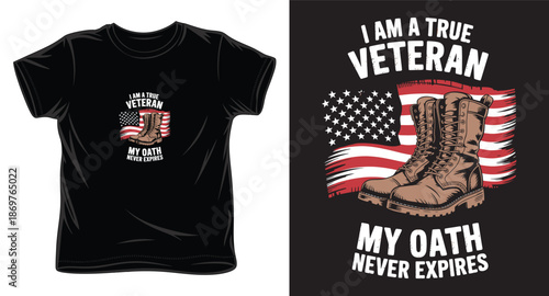 Distressed veteran quote vector art with combat boots and usa flag for custom patriotic t-shirt and apparel
