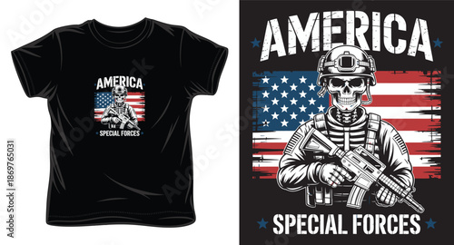 America special forces skeleton soldier with american flag patriotic graphic
