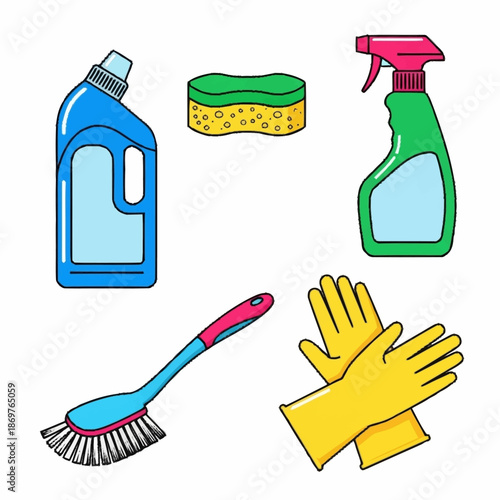 Cleaning supplies set with brush sponge and gloves.
