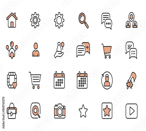Collection of orange line icons representing various business and technology concepts