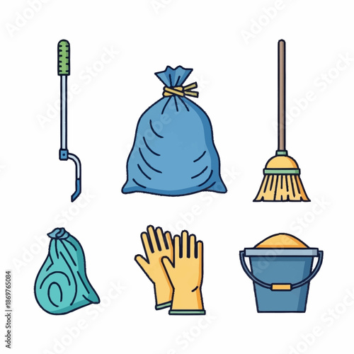 Collection of Cleaning and Gardening Tools Set.