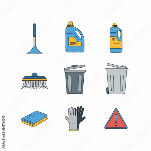 Collection of cleaning supplies and tools for household chores.