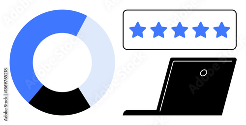 Business strategy, customer feedback, quality management, user satisfaction, performance metrics, data visualization. Pie chart, five-star ratings laptop. Business strategy and customer feedback