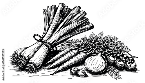 Hand drawn line art vegetable set featuring fresh leeks, carrots, onion, garlic, and tomatoes for healthy cuisine