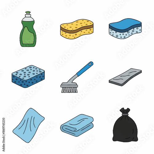 Collection of Cleaning Supplies and Tools.