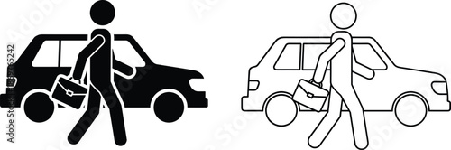 Businessman walking with briefcase in front of car icon set with black silhouette and linear outline for commute or travel