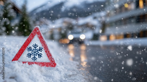Triangular road sign with a snowflake symbol covered in snow, warning of icy and slippery roads, highlighting winter driving safety, dangerous weather and cold season road hazards