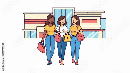 Three friends stroll past a shopping center, carrying bags