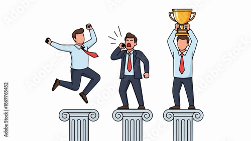 Three businessmen stand on pillars, one celebrates, another shouts, and the third holds a trophy